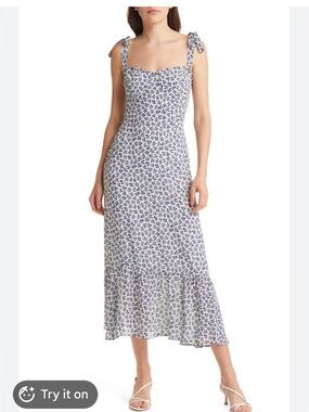 Reformation Floral Tie-strap Midi dress- White with Blue Print